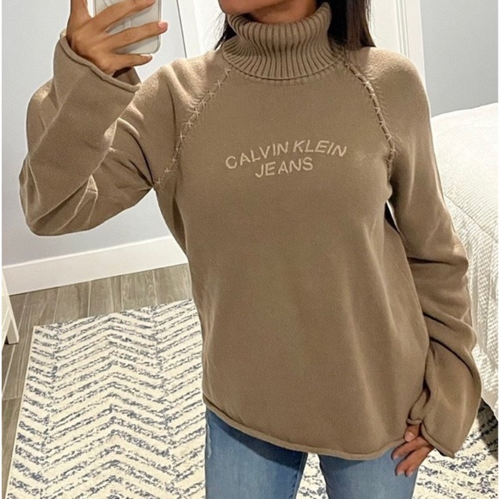 Brown/Tan Stitched Design Turtle-Neck | Calvin Klein Jeans turtle